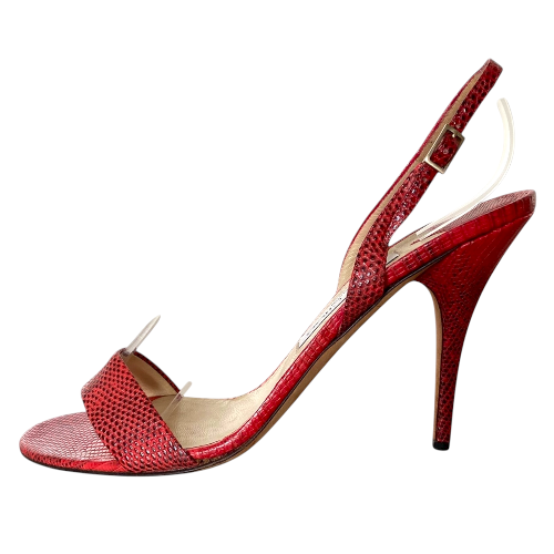 JIMMY CHOO Red Embossed Lizard Slingback Strappy Sandals, Size 40.5