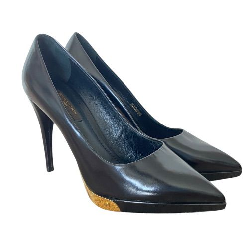 LOUIS VUITTON Black Leather Gold Detail Pointed Toe Pumps, Size 35.5