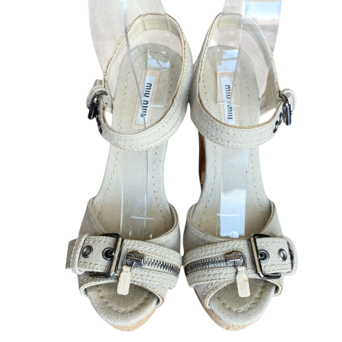 MIU MIU Beige Canvas Buckle & Zipper Platform Cork Heel Sandals, Size 37