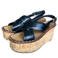 PRADA Black Crisscross Leather Slingback Flat Cork Wedge Sandals, Size 37