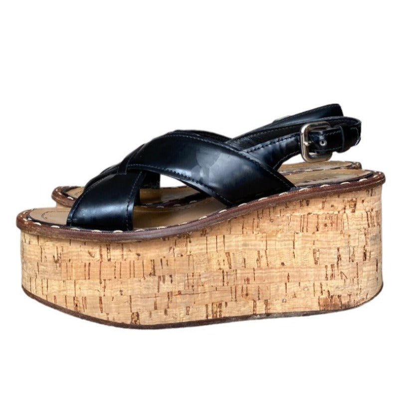 PRADA Black Crisscross Leather Slingback Flat Cork Wedge Sandals, Size 37