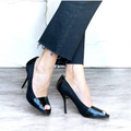 GUCCI Black Suede & Patent Leather GG Logo Detail Peep Toe Pumps, Size 38.5 C