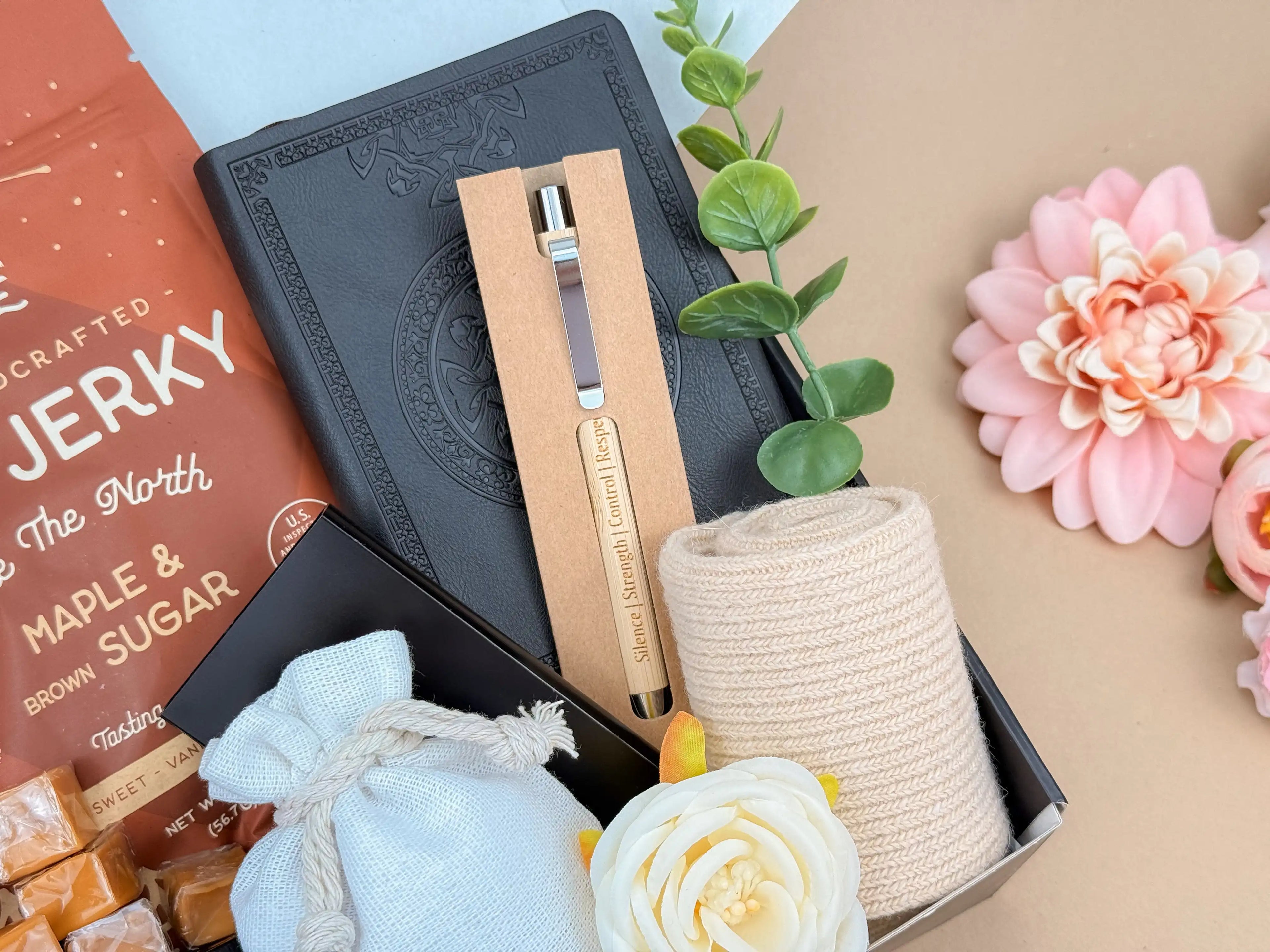 Premium Men’s Gift Set: Leather Journal, Card Holder & Snacks
