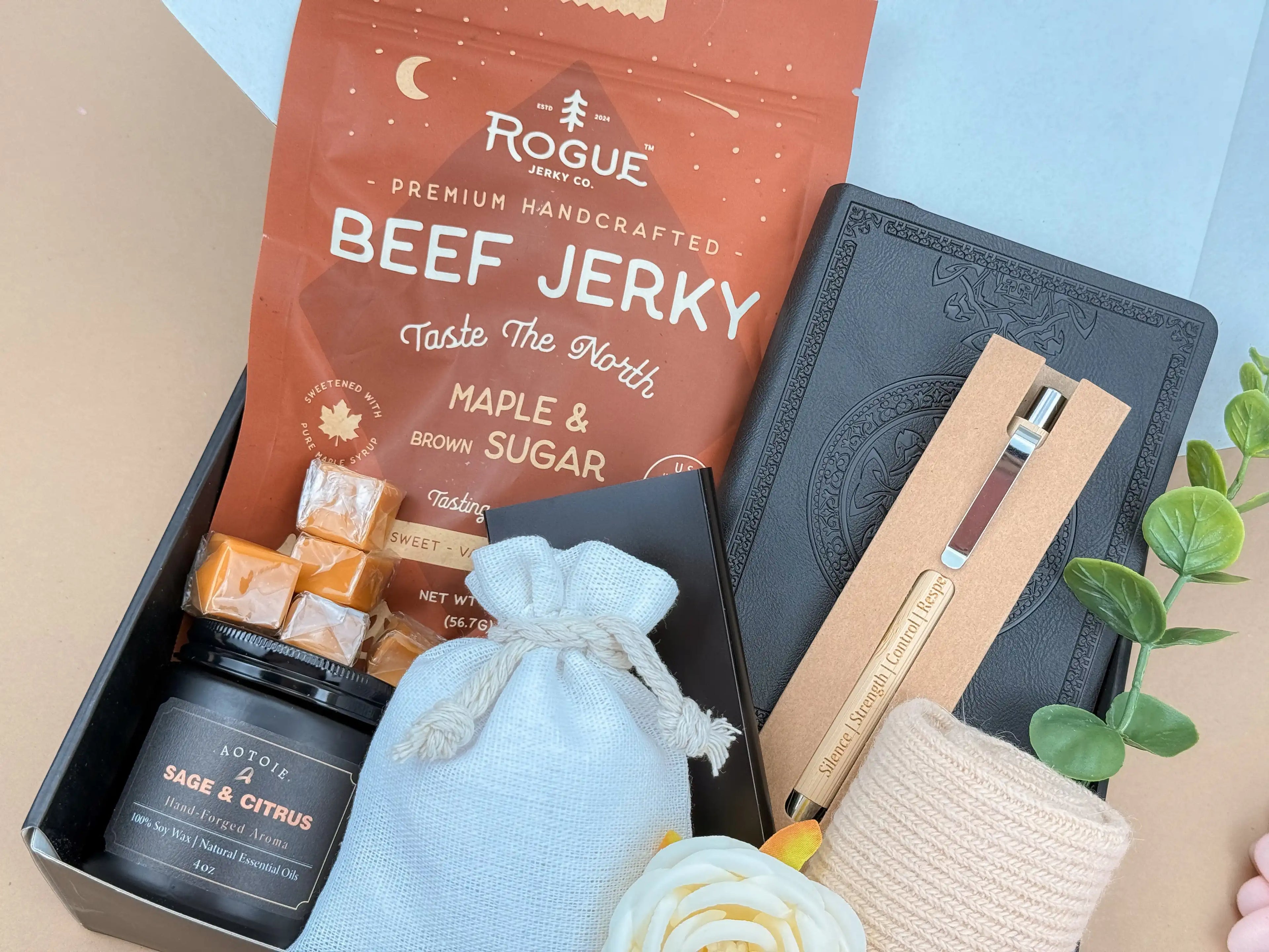 Premium Men’s Gift Set: Leather Journal, Card Holder & Snacks