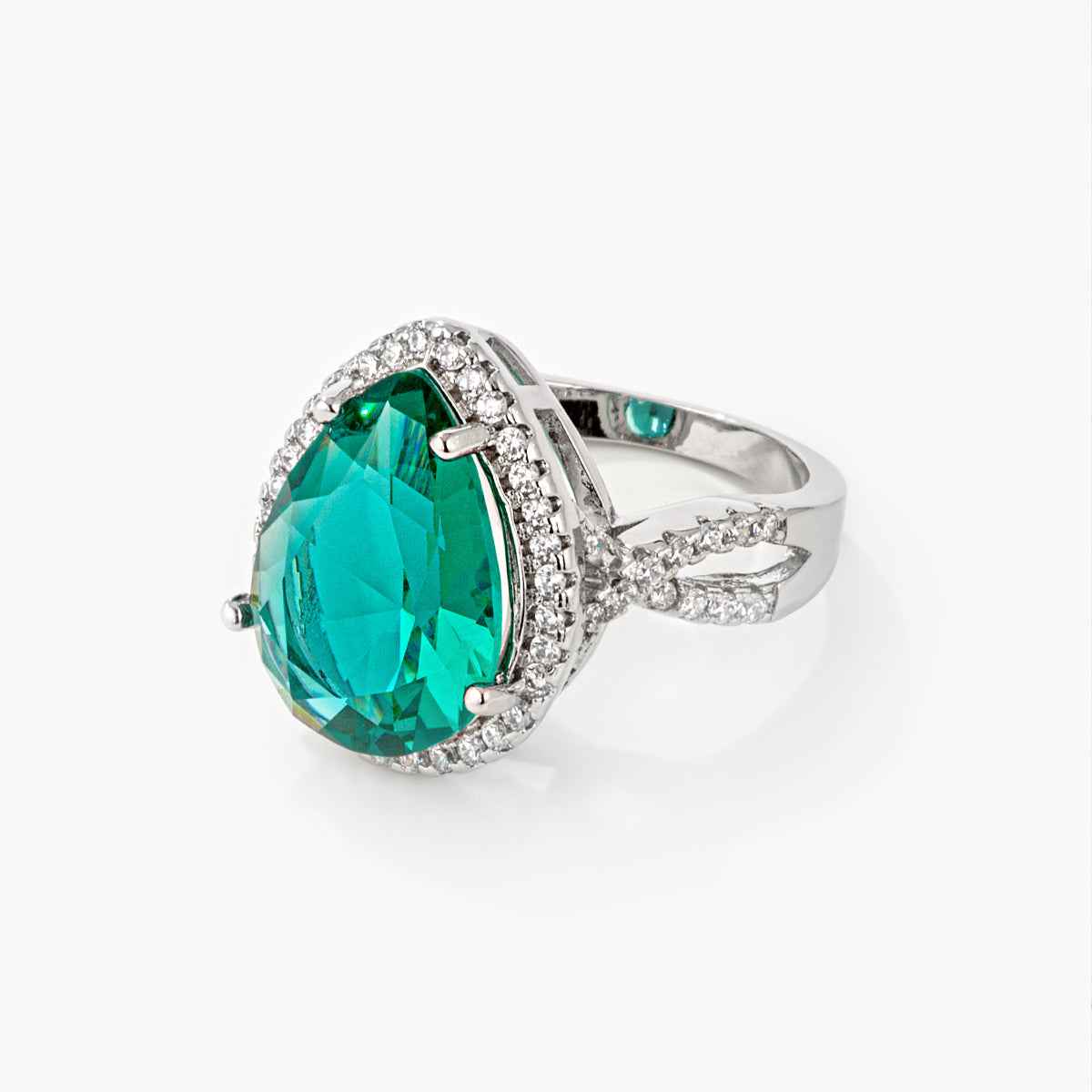 Laura 9.9ct Blue Green CZ Rhodium Classic Teardrop Ring