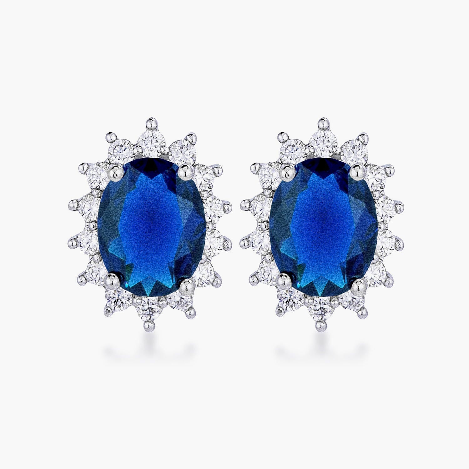 Rhodium Plated Sapphire Blue Petite Royal Oval Earrings