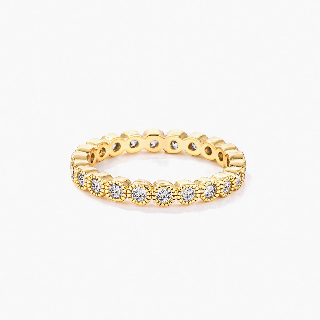 Gold Plated Dotted Clear CZ Round Bezel Eternity Ring