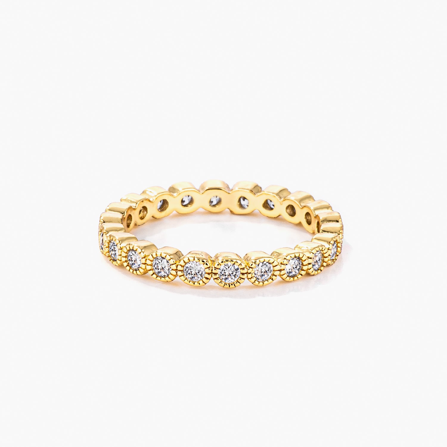 Gold Plated Dotted Clear CZ Round Bezel Eternity Ring