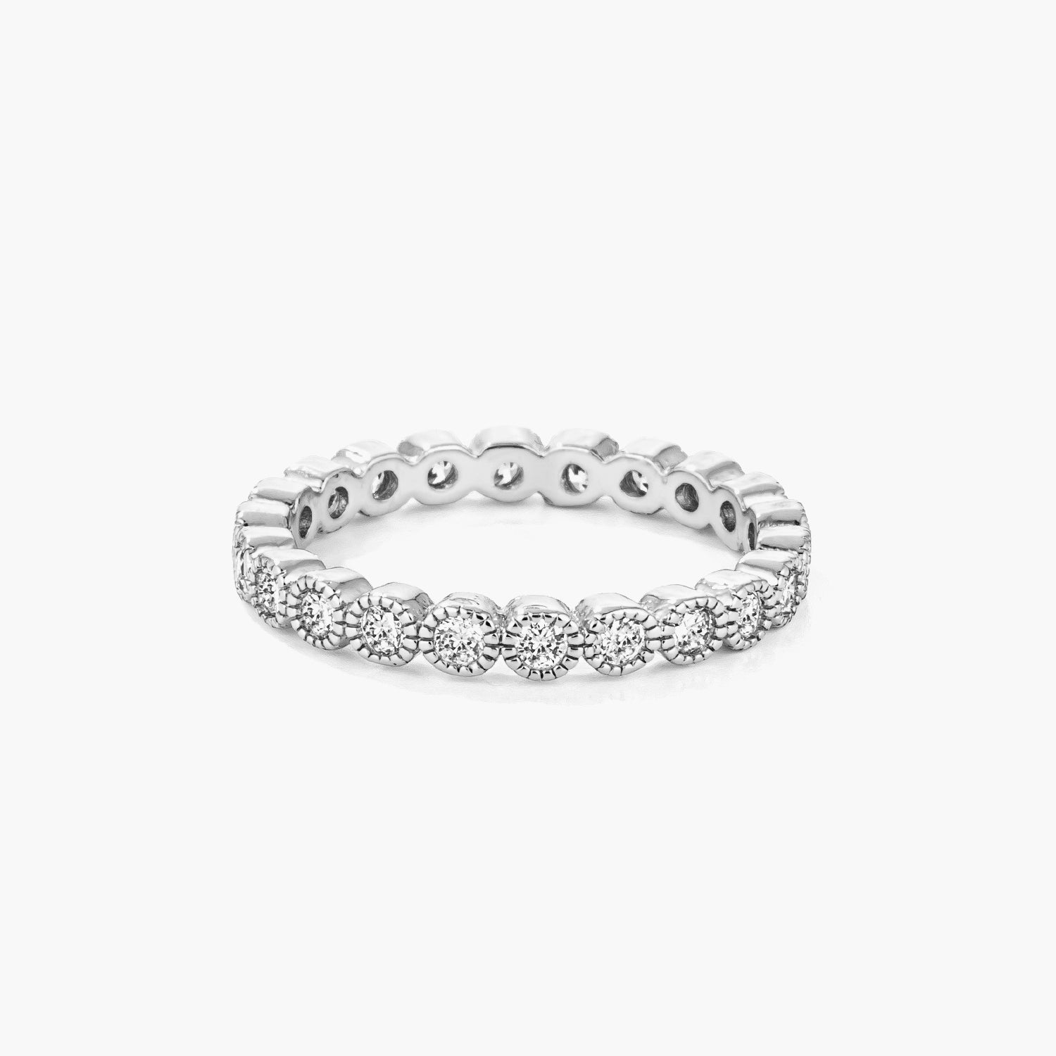 Rhodium Plated Dotted Clear CZ Round Bezel Eternity Ring