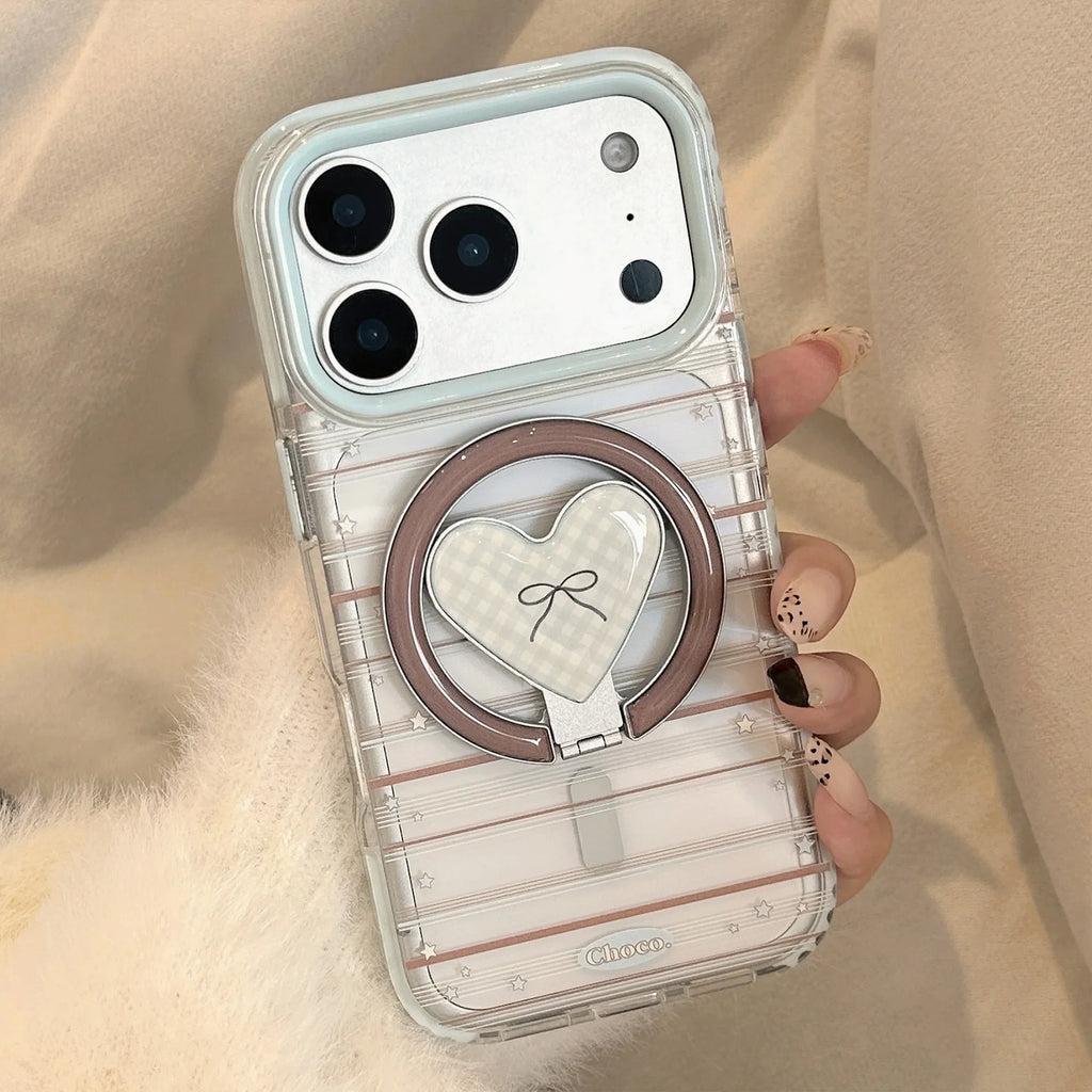 Korean Striped Stars Fold Love Heart Bow Bracket Magnetic Phone Case For iPhone