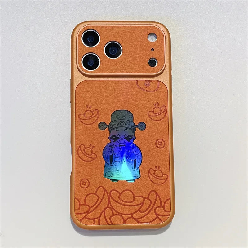 Luxury Cartoon God Of Wealth Laser Leather Texture Phone Case For iPhone
