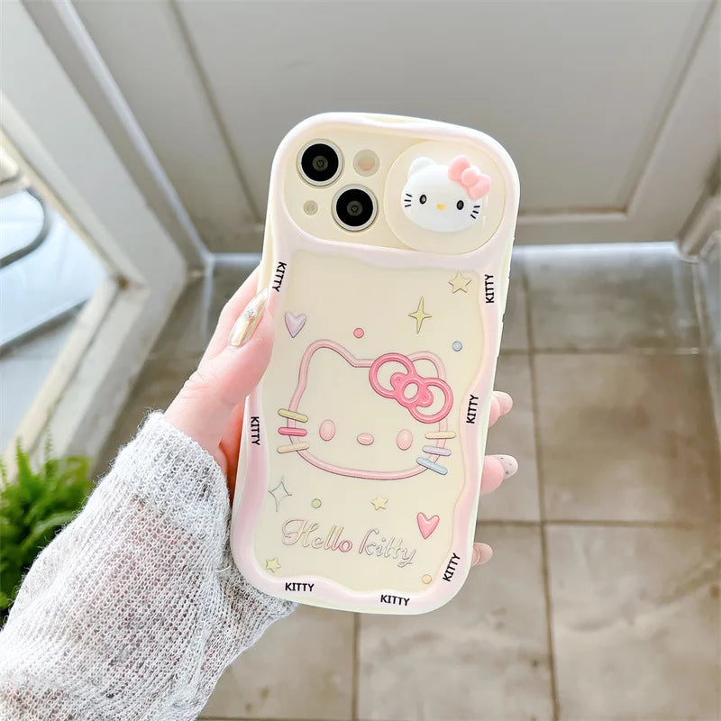Ins Cute Cartoon 3D Ears Hello Kitty Wavy Sliding Camera Bracket Phone Case For iPhone