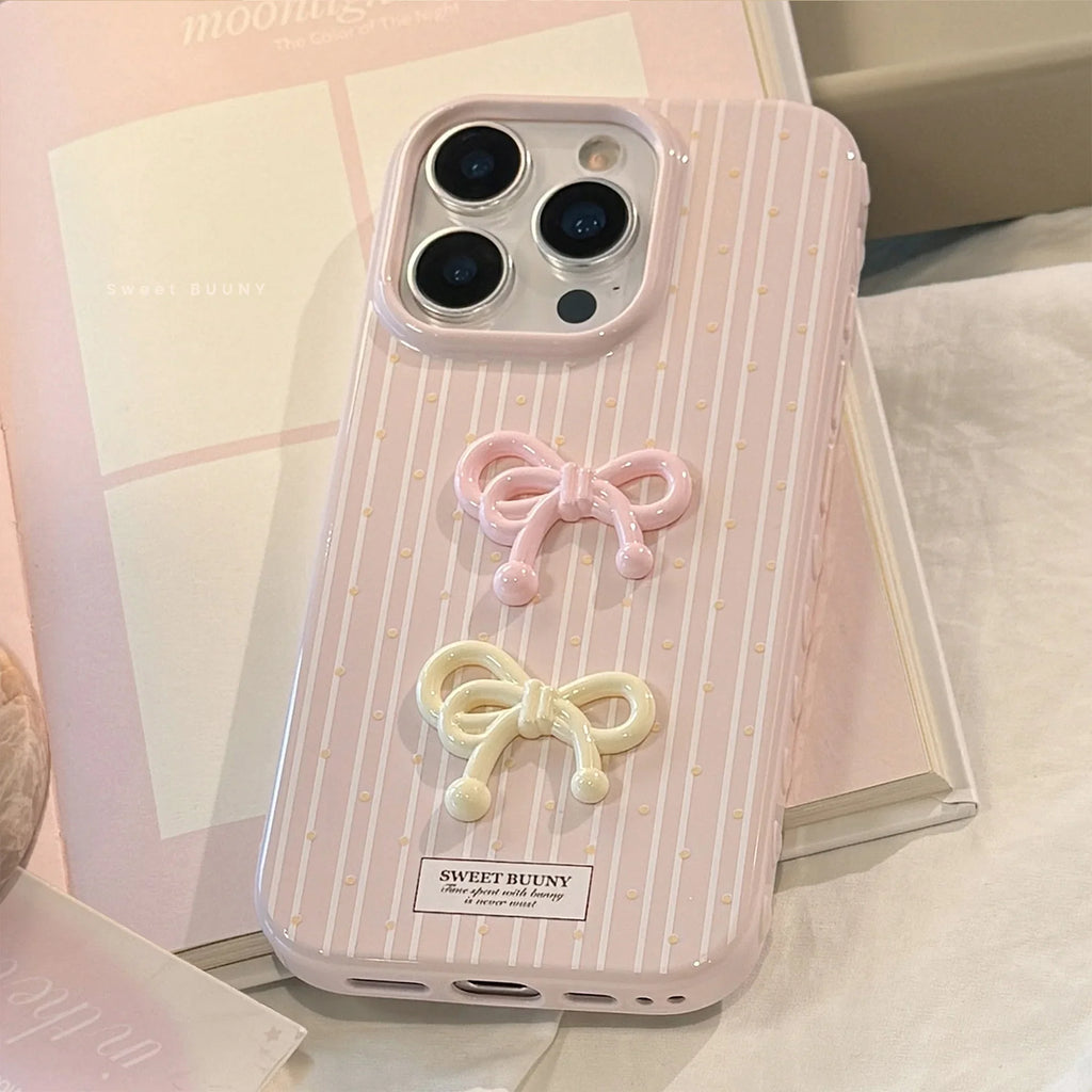Korean Cute 3D Bowknot Pink Striped Wave Point Soft Phone Case For iPhone