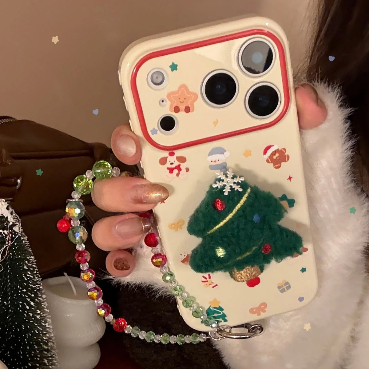 Korean 3D Cartoon Christmas Tree Plush With Chain Phone Case For iPhone