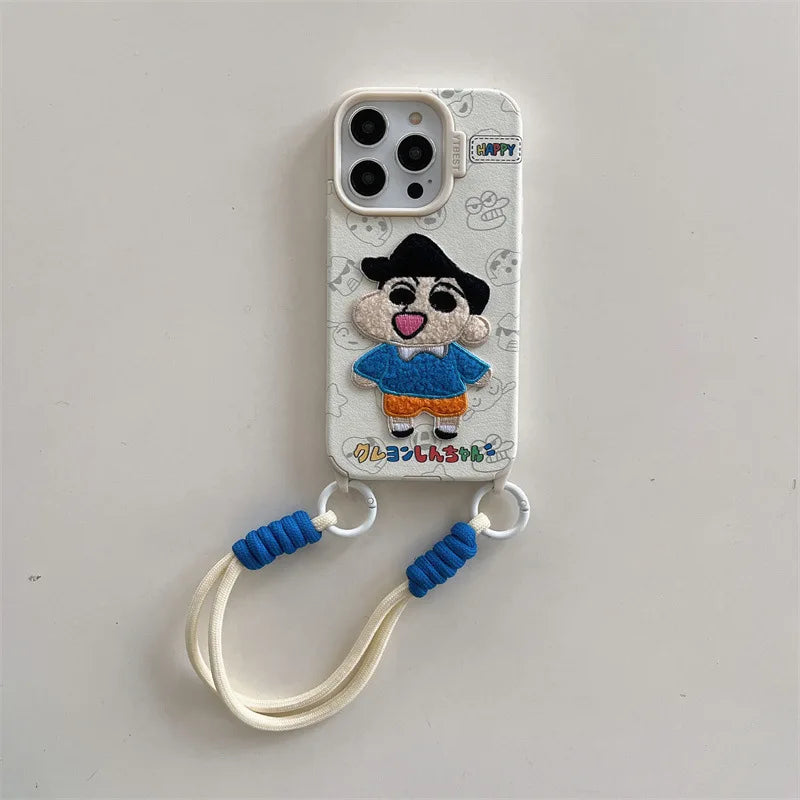 Cute Crayon Shin-chan Embroidered Leather Texture Phone Case For iPhone