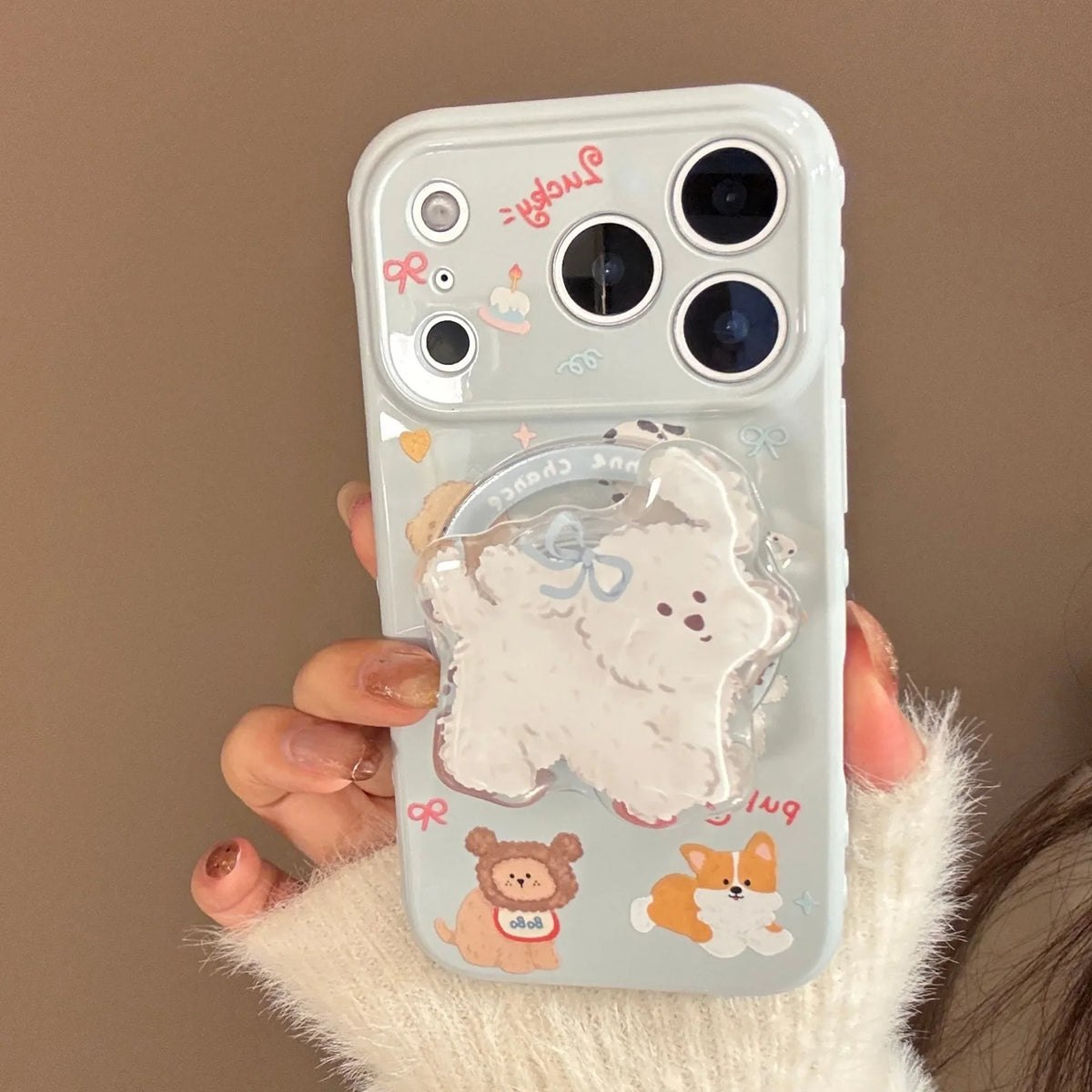 Korean Cute Cartoon Puppy Magnetic Stand Holder Phone Case For iPhone