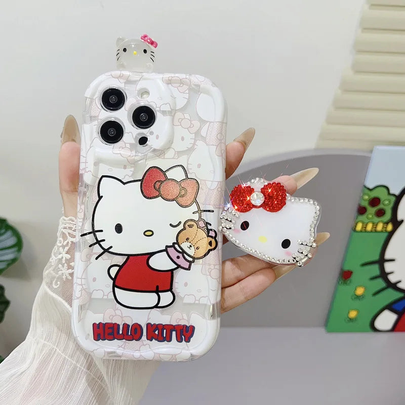 Cute 3D Cartoon Hello Kitty Diamond Bracket Wave Phone Case For iPhone