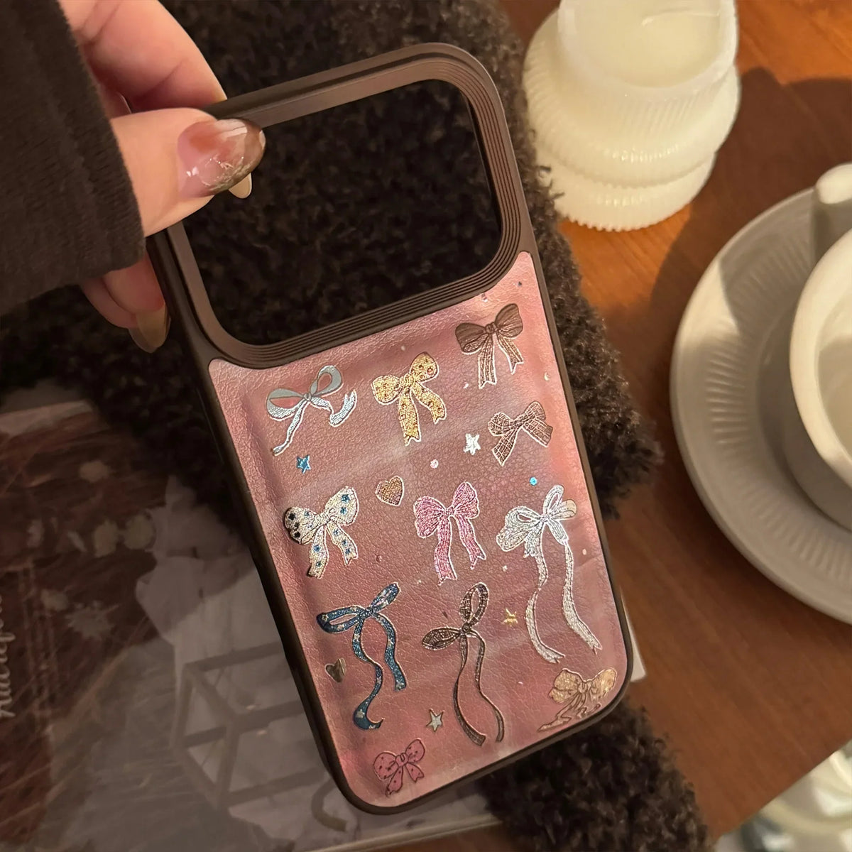 Korean Brown Colorful Bownot Pattern Phone Case For iPhone