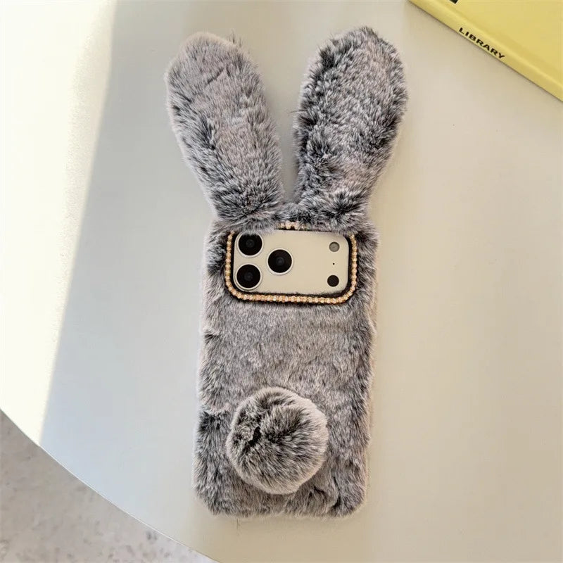 3D Cute Rabbit Ears Warm Furry Plush Bunny Phone Case For iPhone
