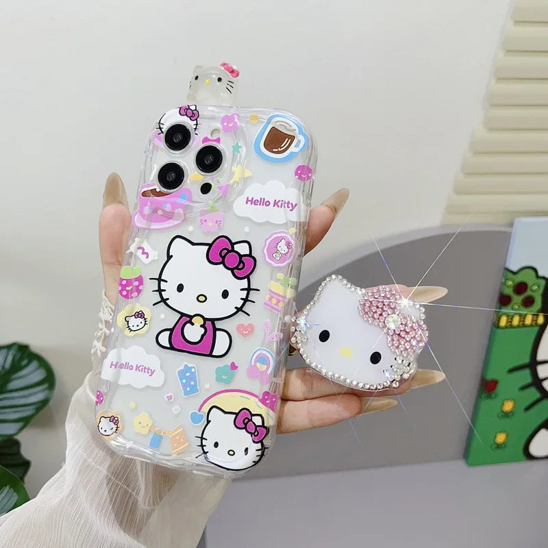 Cute 3D Cartoon Hello Kitty Diamond Bracket Wave Phone Case For iPhone