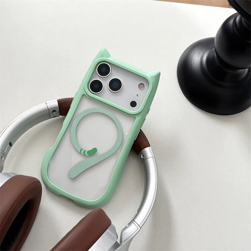 Cute Cartoon Solid Color Cat Tail Clear Magnetic Phone Case For iPhone