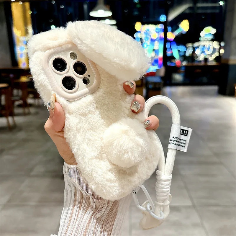 3D Cute Cartoon Rabbit Ears Warm Furry Plush Bunny Phone Case With Lanyard For iPhone
