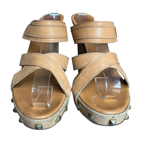 SERGIO ROSSI Tan Brown Leather Strappy Studded Mules Slide Sandals
, Size 38.5