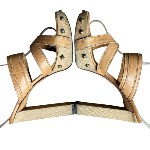 SERGIO ROSSI Tan Brown Leather Strappy Studded Mules Slide Sandals
, Size 38.5