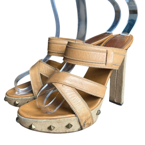 SERGIO ROSSI Tan Brown Leather Strappy Studded Mules Slide Sandals
, Size 38.5
