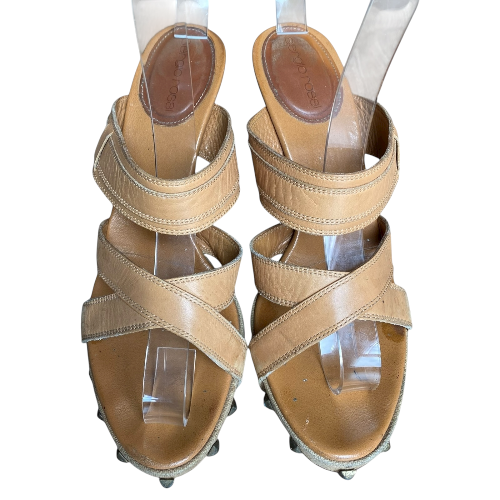 SERGIO ROSSI Tan Brown Leather Strappy Studded Mules Slide Sandals
, Size 38.5