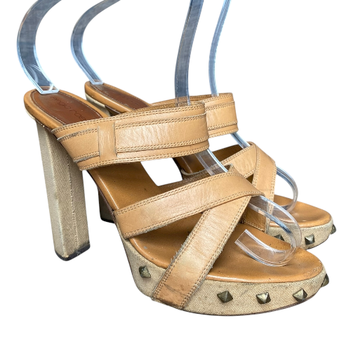 SERGIO ROSSI Tan Brown Leather Strappy Studded Mules Slide Sandals
, Size 38.5