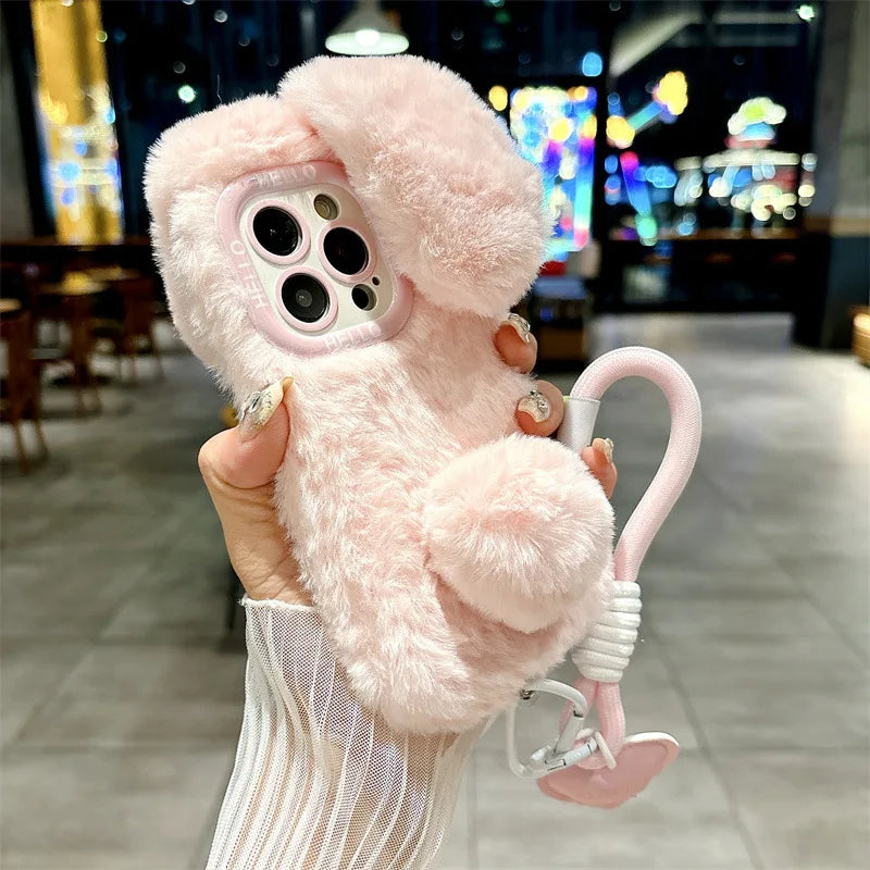 3D Cute Cartoon Rabbit Ears Warm Furry Plush Bunny Phone Case With Lanyard For iPhone