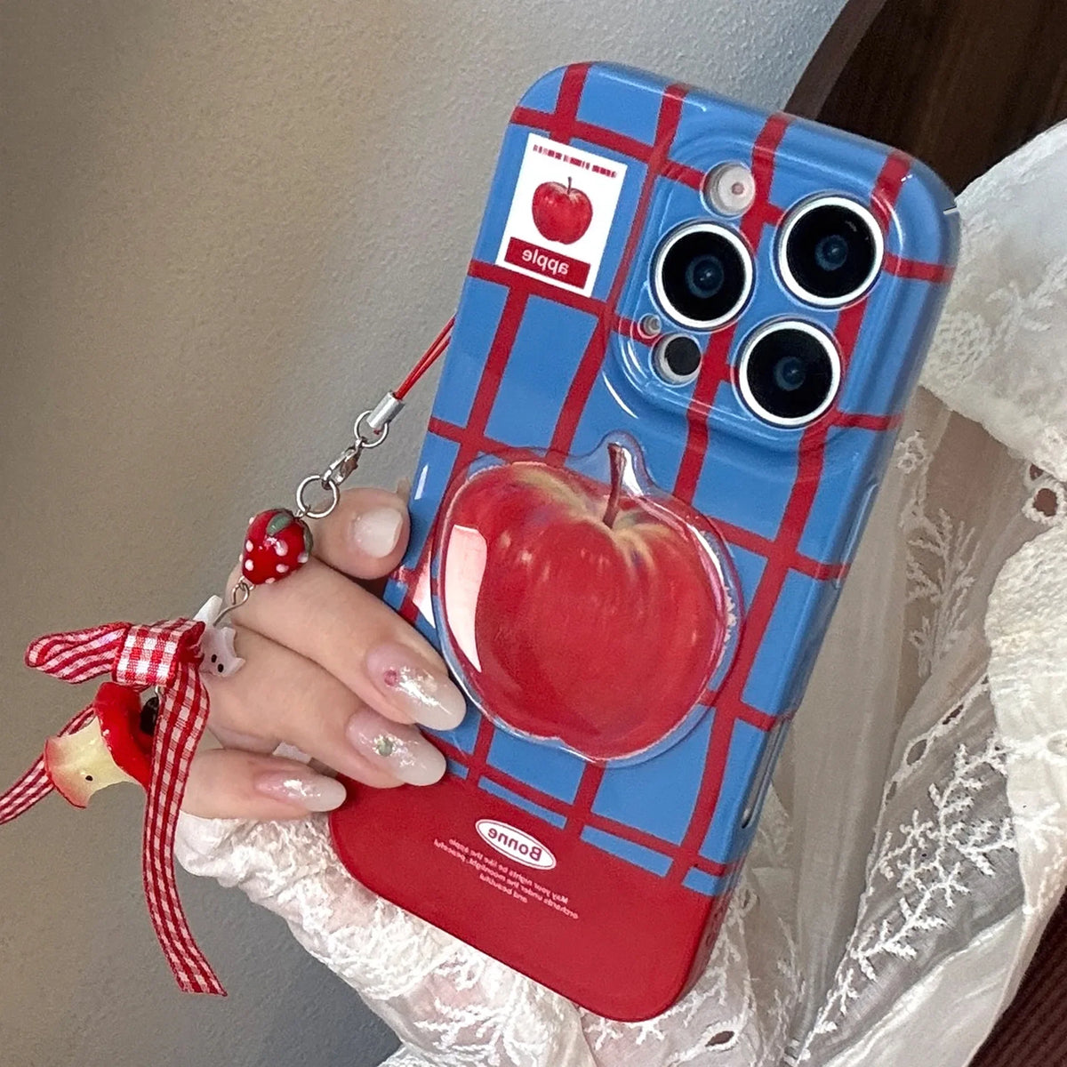 Korean Cute 3D Red Apple Lattice Phone Case With Chain For iPhone
