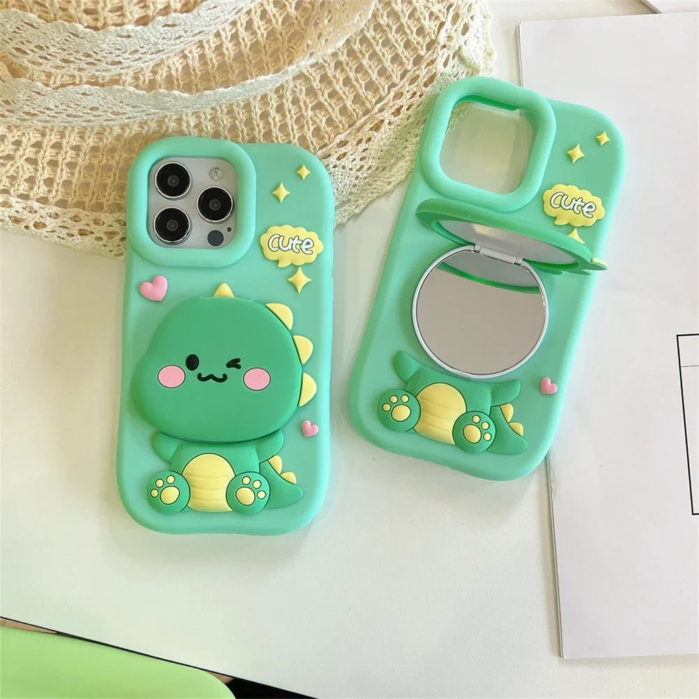 Cute Dinosaur Case Soft Silicone Cover With Holder&Mirror For iPhone