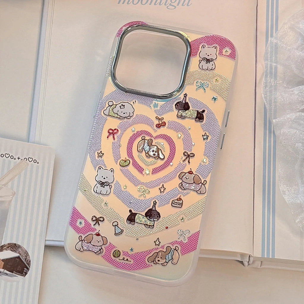 Korean Gilding Laser Colorful Love Heart Cartoon Puppy Phone Case For iPhone