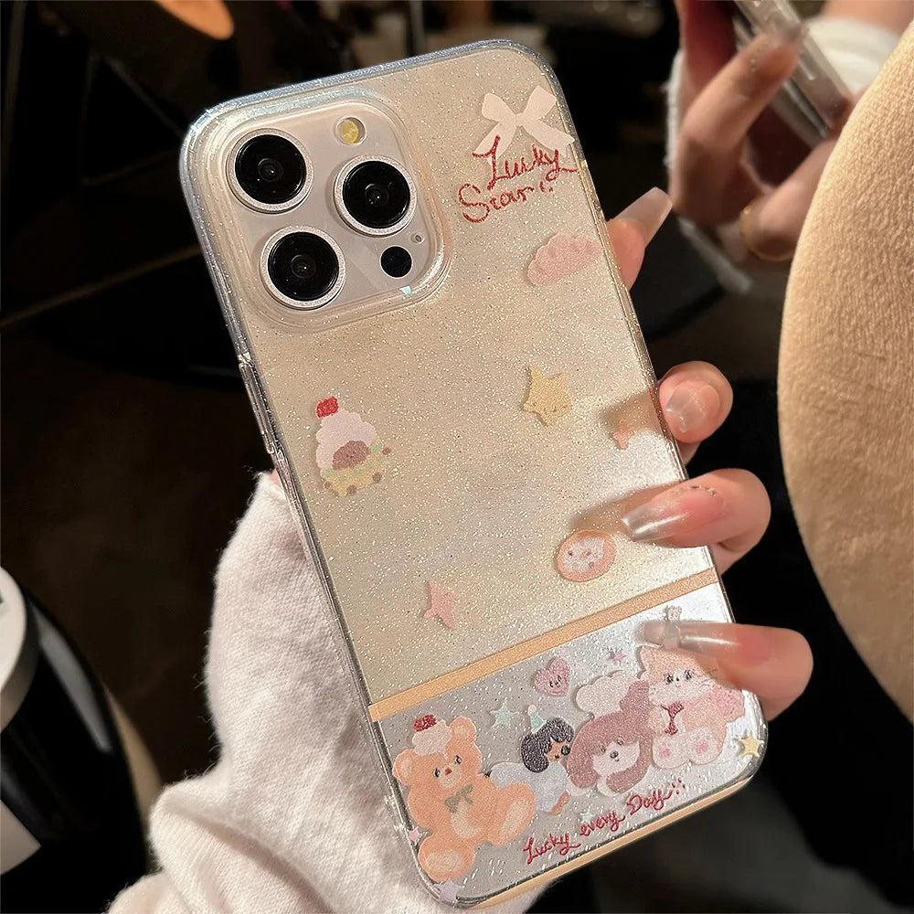 Korean Cute Dessert Bear With Stand Holder Glitter Phone Case For iPhone