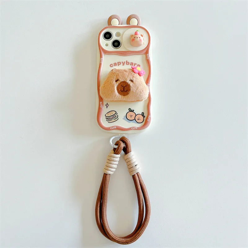 3D Cartoon Kapibala Sliding Push-Pull Camera Phone Case for iPhone