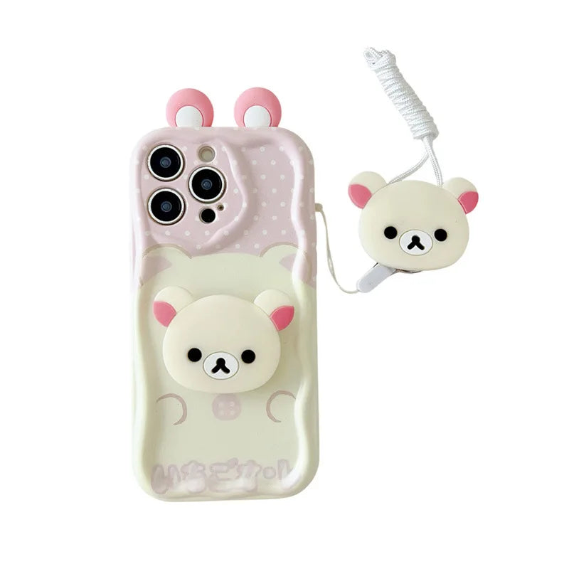 3D Ears Cartoon Bear Holder Rope Couple Phone Case For iPhone
