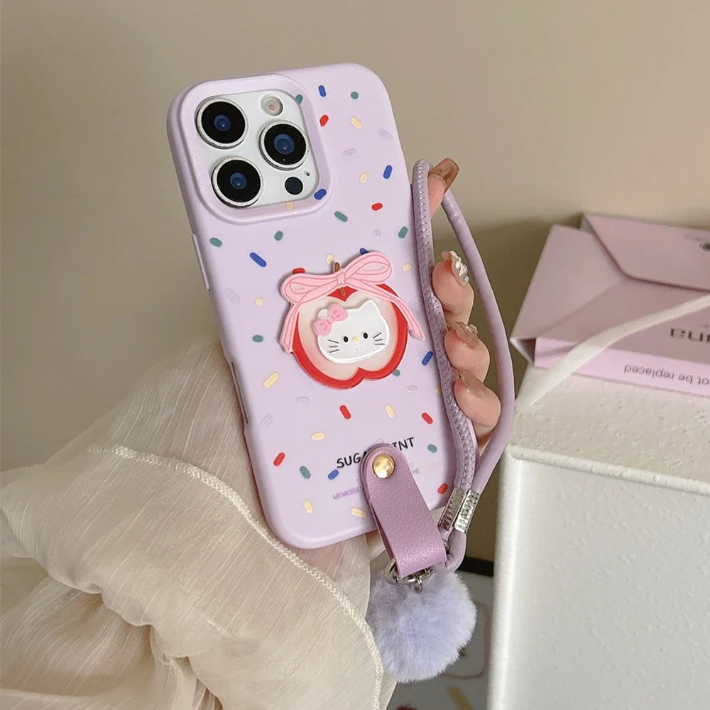 Soft Wrist Strap Apple Hello Kitty Face Colorful Strip Phone Case For iPhone