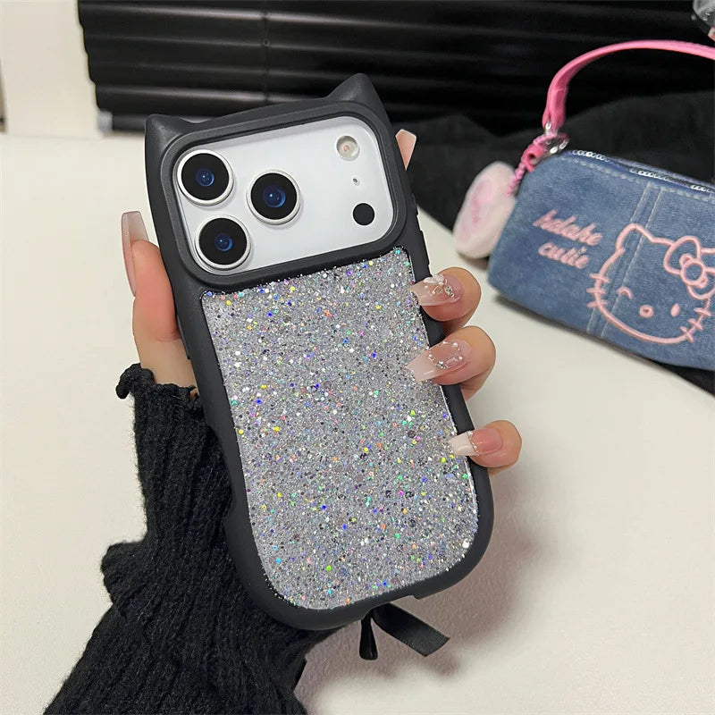 Cute 3D Cat Ear Solid Color Drop Glue Glitter Sequins Phone Case For iPhone