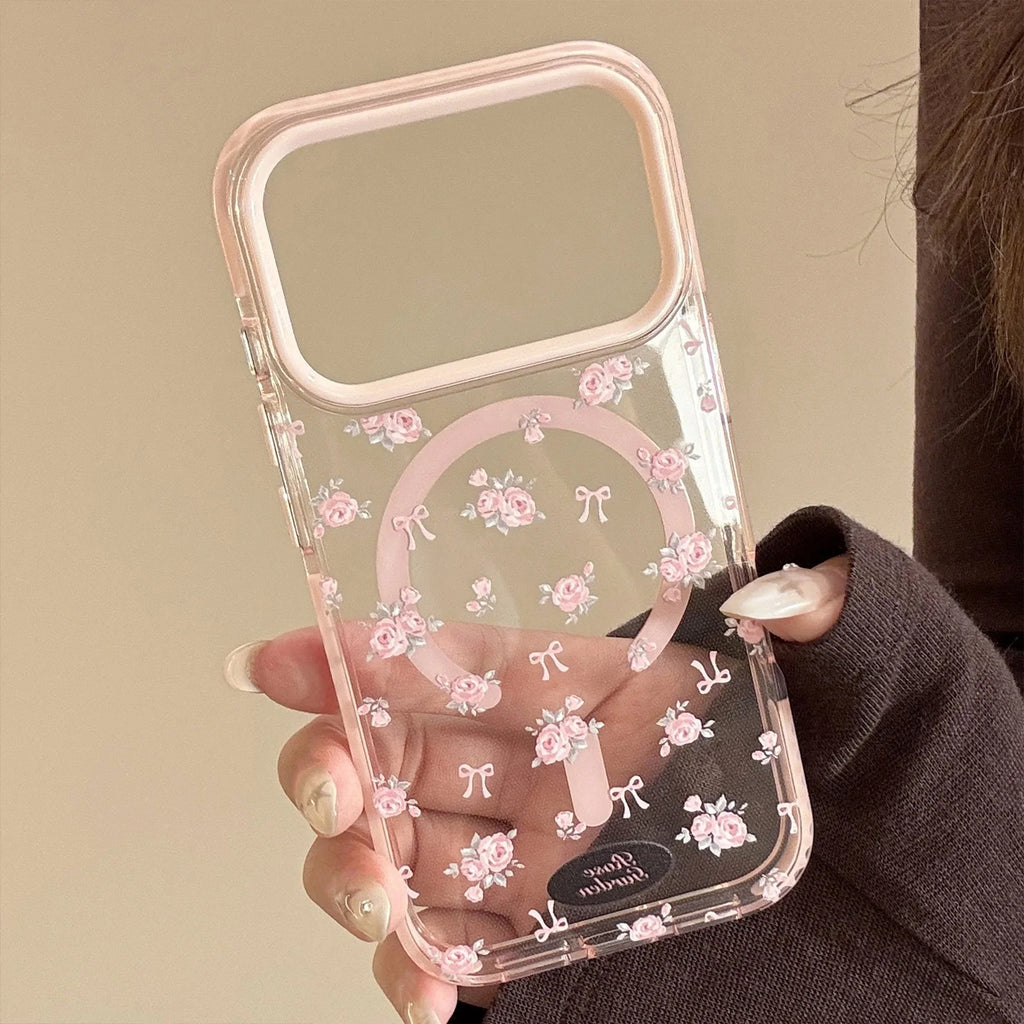 Korean Full Screen Pink Rose Flowers Magnetic Phone Case For iPhone