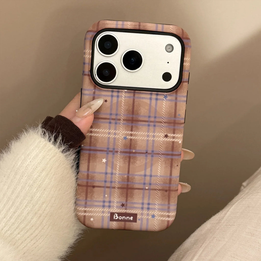 Cute Grid Pattern Cartoon Embroidery Puppy Bracket Magnetic Phone Case For iPhone