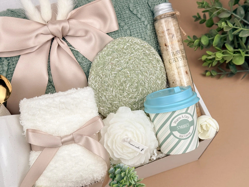 Luxury Gift Boxes – Soft Sage Blanket, Candle & Tea Set