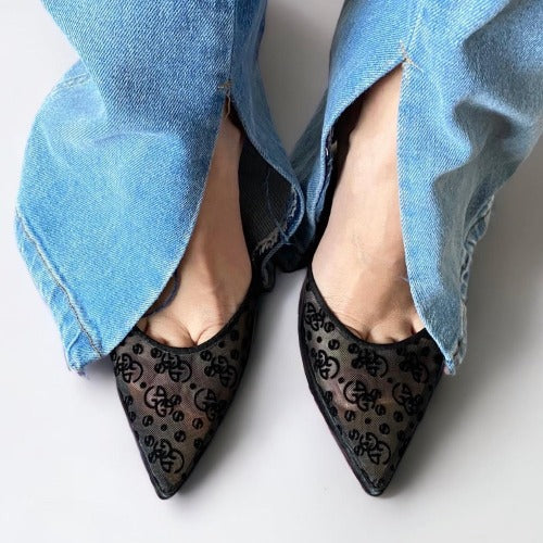 GIORGIO ARMANI  Black Mesh Slingback Gold Heels Pointed Toe Pumps, Size 38.5