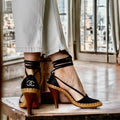 CHANEL Black Satin Interlocking Pearl CC Logo Lace Up  D'Orsay Sandals Size 37.5