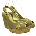 PRADA Beige & Gold Canvas Criss Cross Slingback Espadrille Wedge Sandals, 38.5