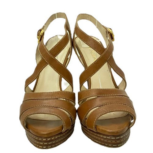 PRADA Brown Leather Strappy Slingback Stitched Platform Sandals,  Size 37