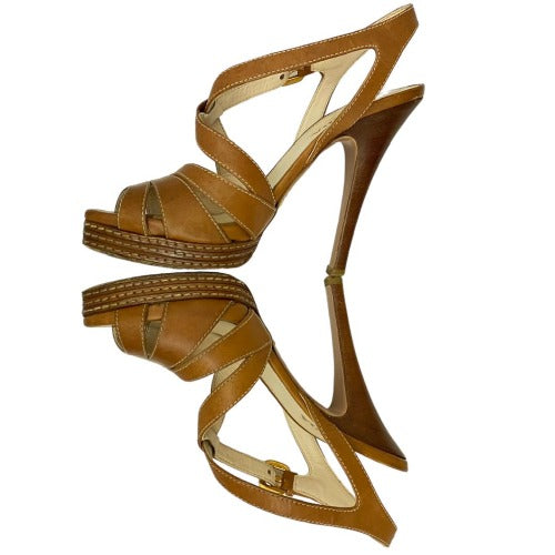 PRADA Brown Leather Strappy Slingback Stitched Platform Sandals,  Size 37