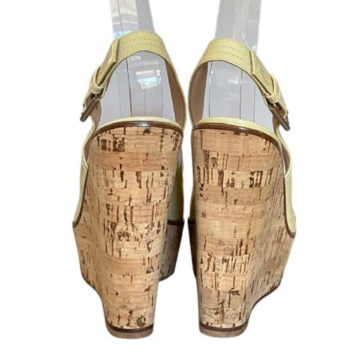 GIANVITO ROSSI Cream Patent Leather Slingback Cork Wedge, Size 37