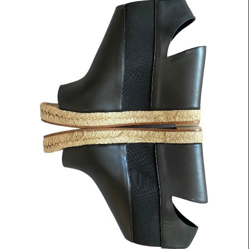 BALENCIAGA Black Leather Open Toe Espadrille Wedge Sandals, Size 40